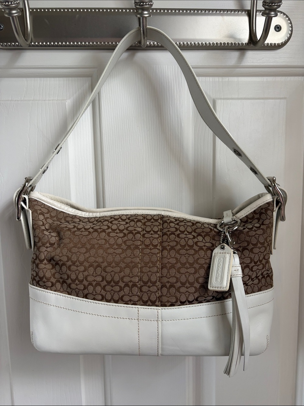 Coach Brown Signature Canvas and White Leather Hobo Shoulder Bag